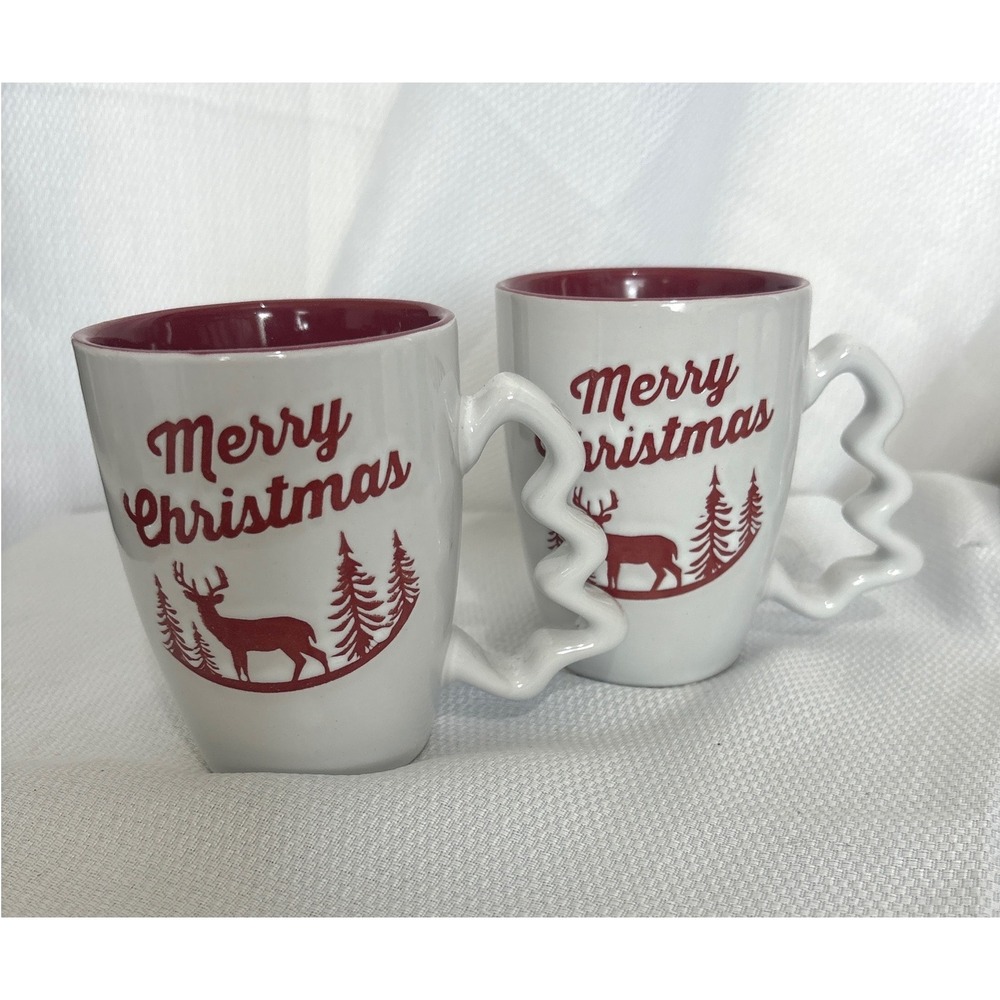 California Pantry Merry Christmas Reindeer Mugs Set of 2 Red White Tree Handle